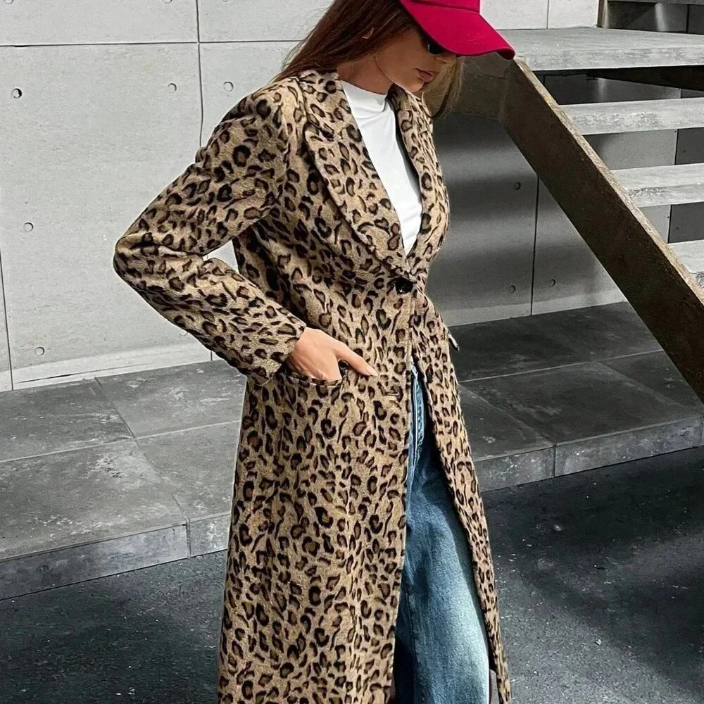 Multicolor Casual Women's Leopard Print Knitted Cinched Waist Stand Collar Coat - Picture 7 of 7